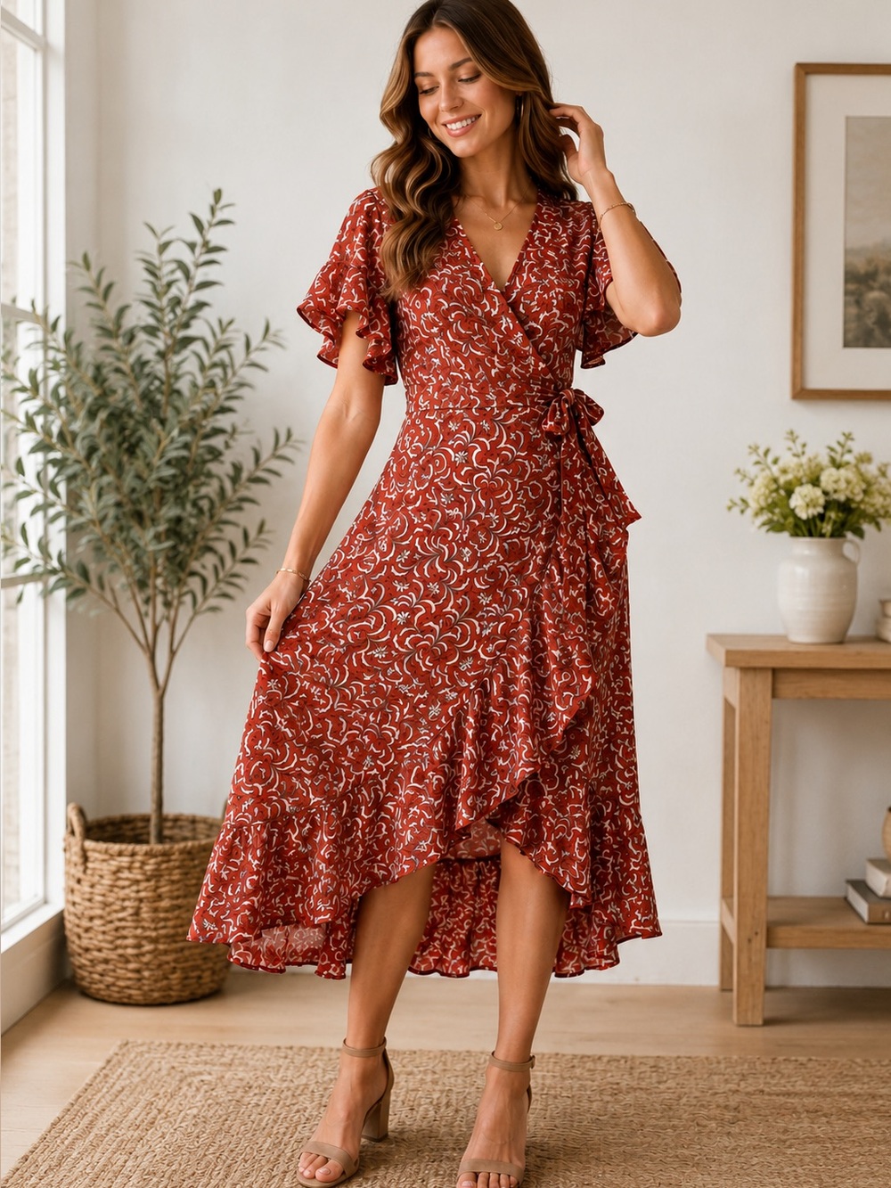 Max Studio Rust Floral Wrap Midi Dress Small Flutter Sleeve Ruffle Hem